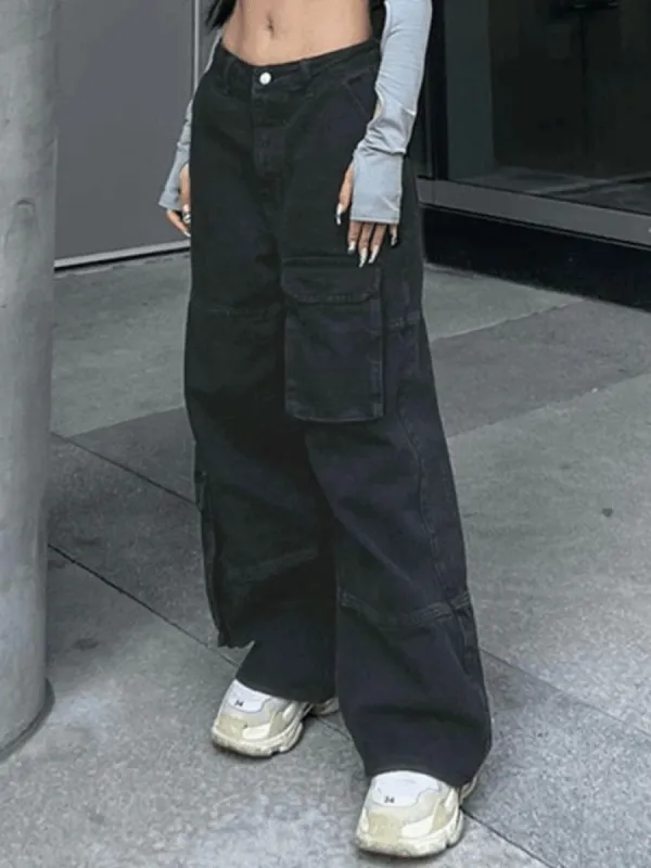 Faded black baggy cargo jeans with pocket sold by Streetwear Society