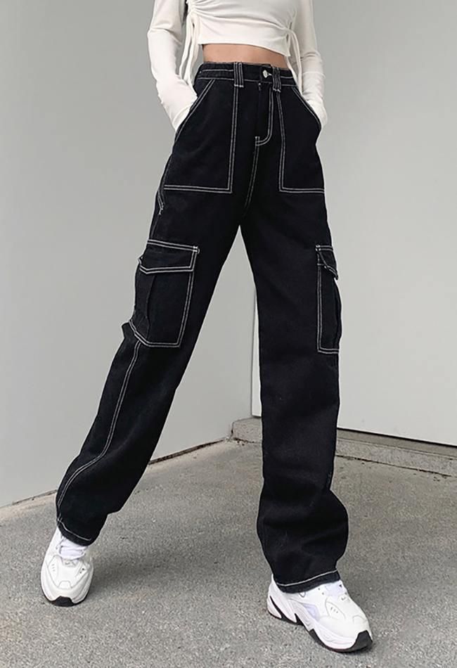 High waisted straight cargo jeans sold by Streetwear Society