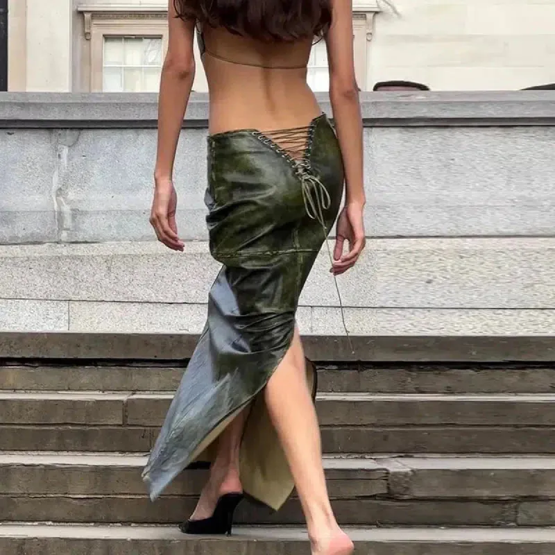 Baddie Leaf Lace Up Split Maxi Skirt sold by Streetwear Society