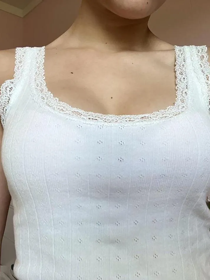 Lace Trim White Cropped Tank Top sold by Streetwear Society product image thumbnail 5