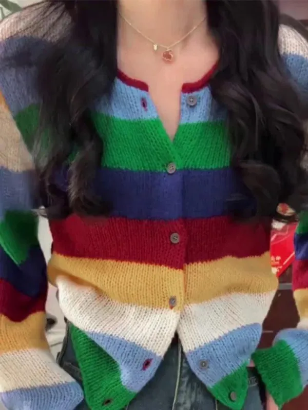 Contrast color rainbow stripe cardigan sold by Streetwear Society