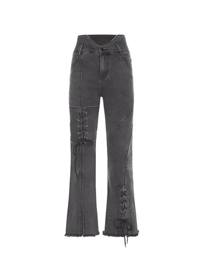 Lace-up patchwork split flared jeans sold by Streetwear Society product image thumbnail 5