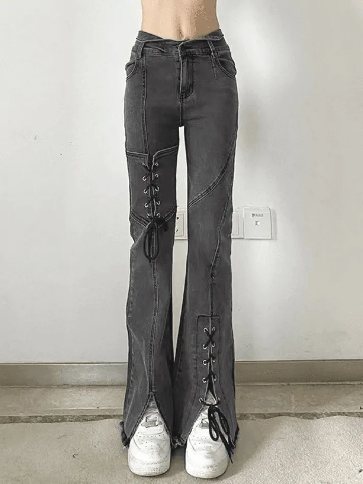 Lace-up patchwork split flared jeans sold by Streetwear Society product image thumbnail 4