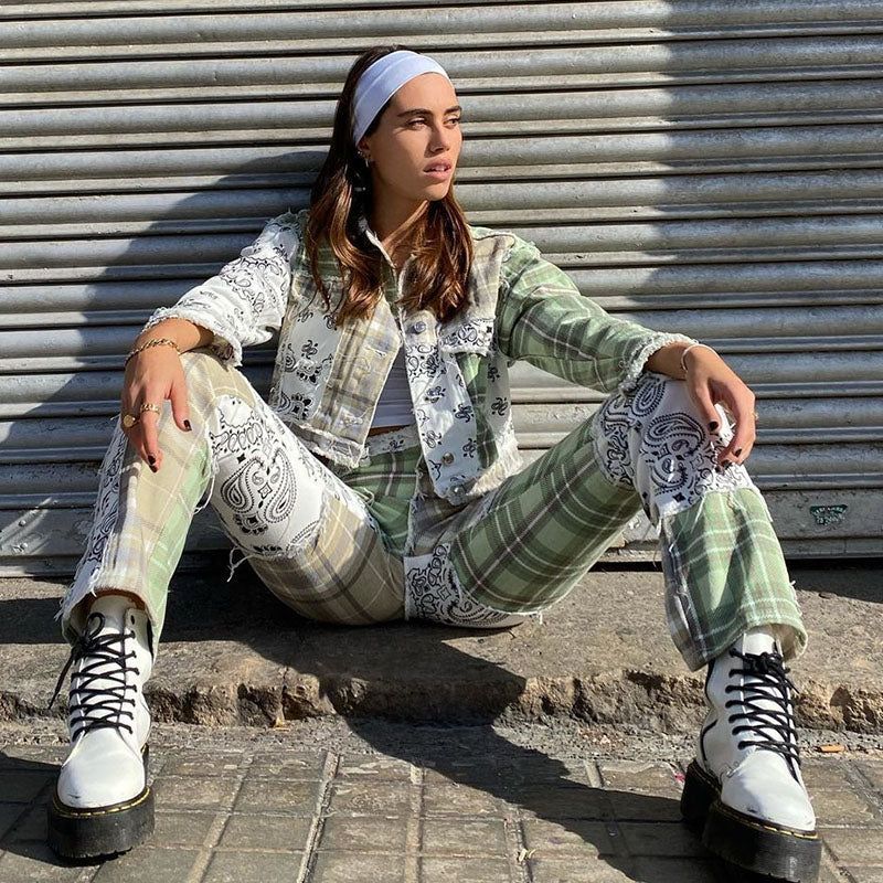F912 Stripe Plaid Patches Pants sold by Streetwear Society product image thumbnail 6