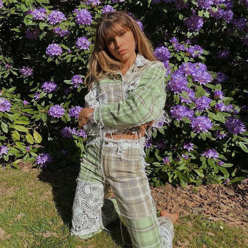 F912 Stripe Plaid Patches Pants sold by Streetwear Society product image thumbnail 4