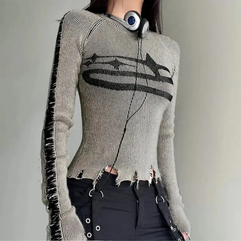 Y2K Grunge Long Sleeve Distressed Top sold by Streetwear Society