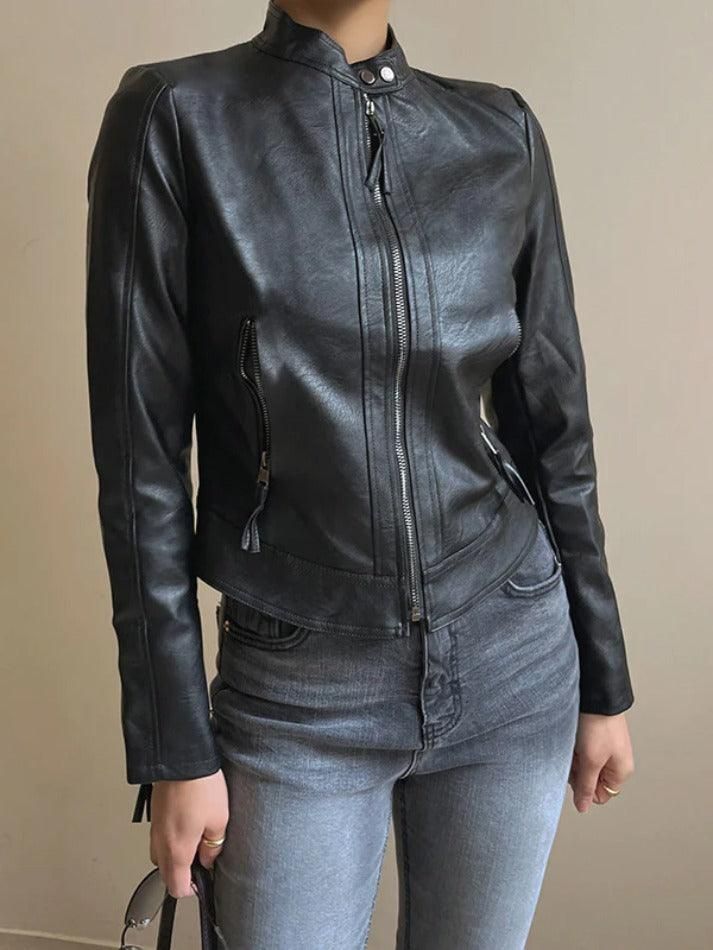 Collar Neck Zip Up Slim Moto Leather Jacket sold by Streetwear Society product image thumbnail 4