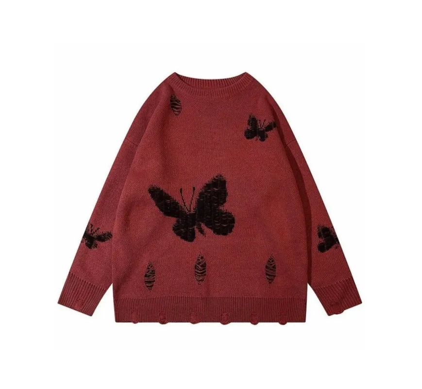 Ripped Holes Embroidery Butterfly Knit Sweater sold by Streetwear Society