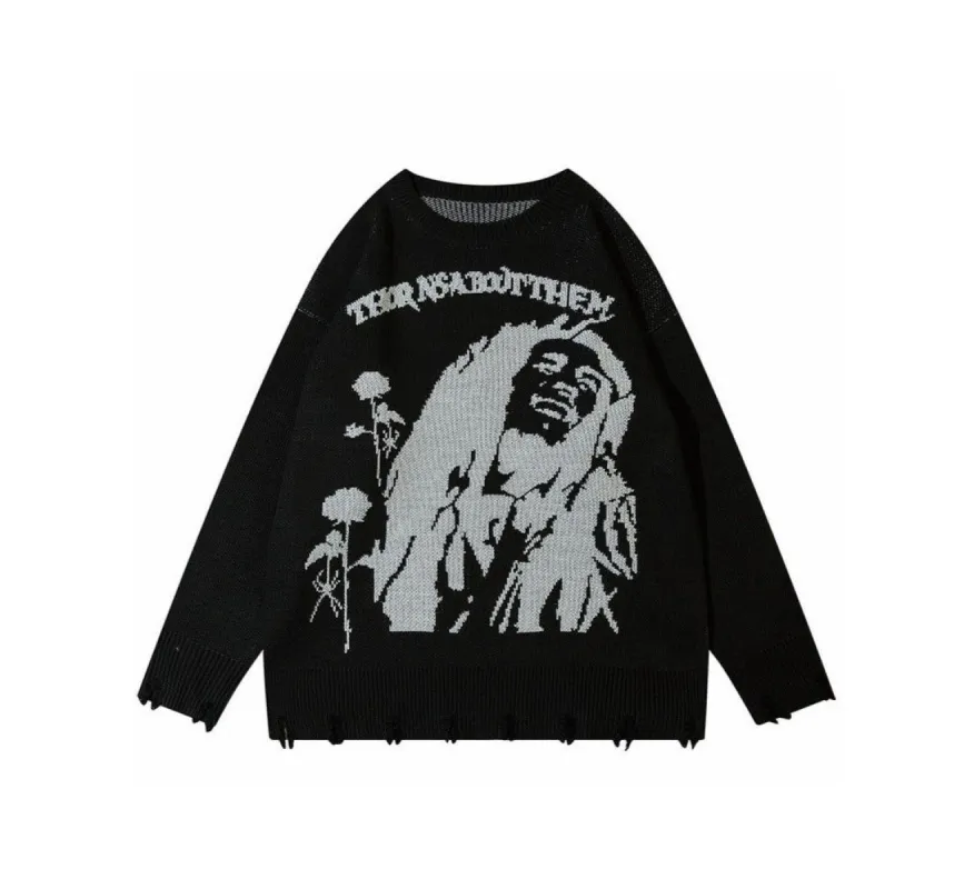 'Blk Rose' Ripped Distressed Knit Sweater sold by Streetwear Society