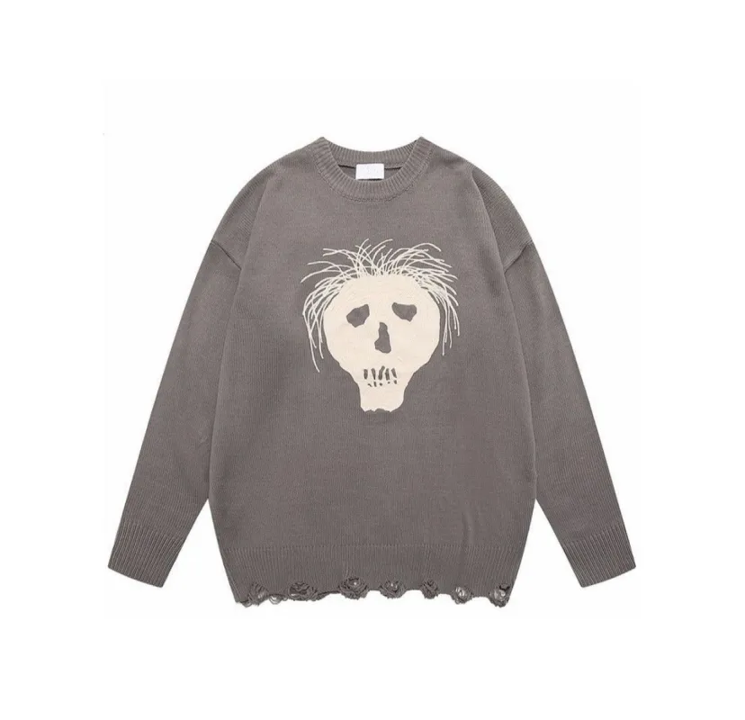 Ripped Skull Embroidery Knit Cotton Sweater sold by Streetwear Society