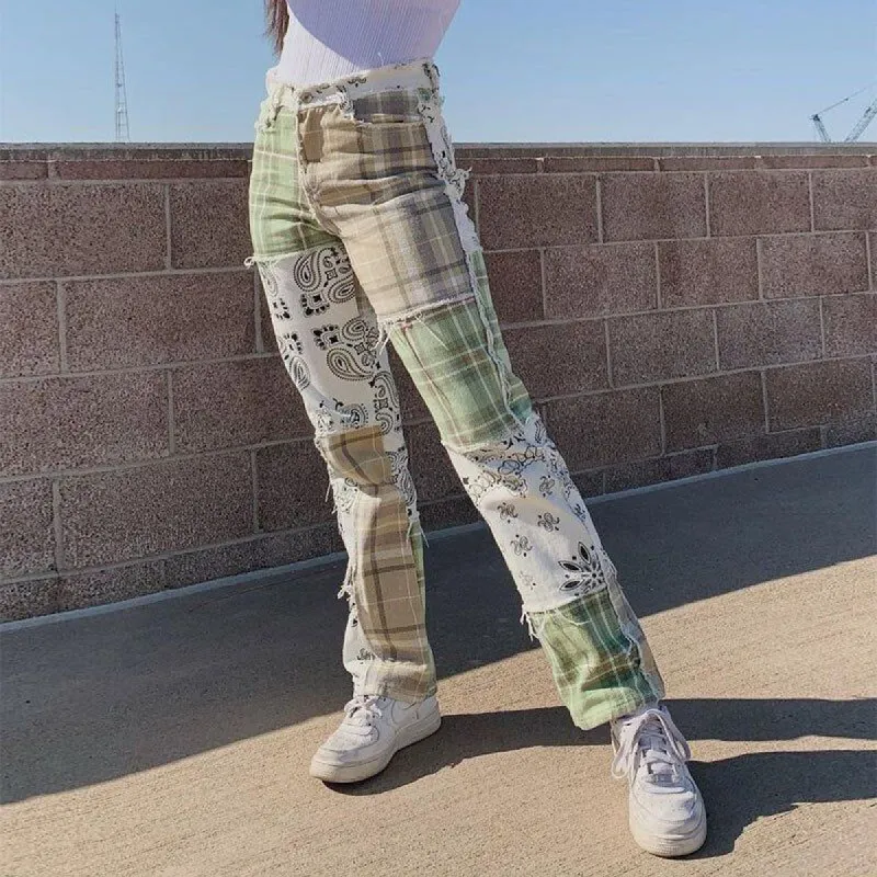 F912 Stripe Plaid Patches Pants sold by Streetwear Society