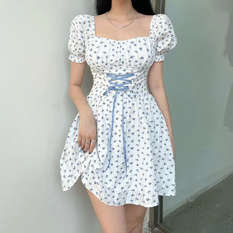 Small Floral Lace Up Mini Dress sold by Streetwear Society