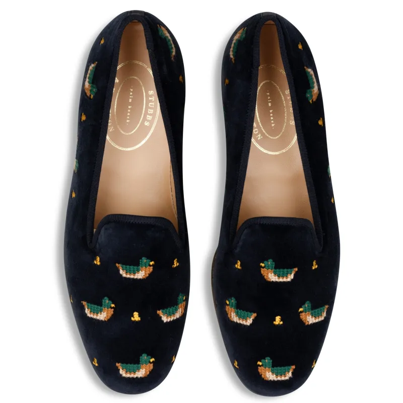 Fair Isle Ducks Navy Velvet Slipper (Women) sold by Stubbs & Wootton
