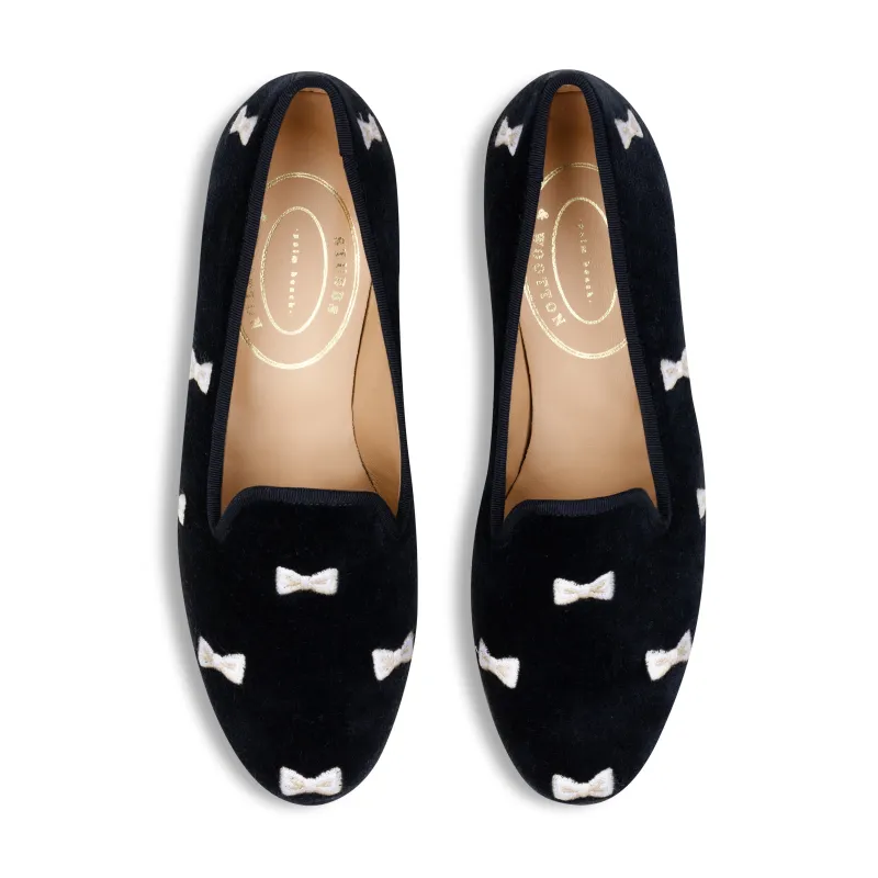 Bowtie Navy Velvet Slipper (Women) sold by Stubbs & Wootton