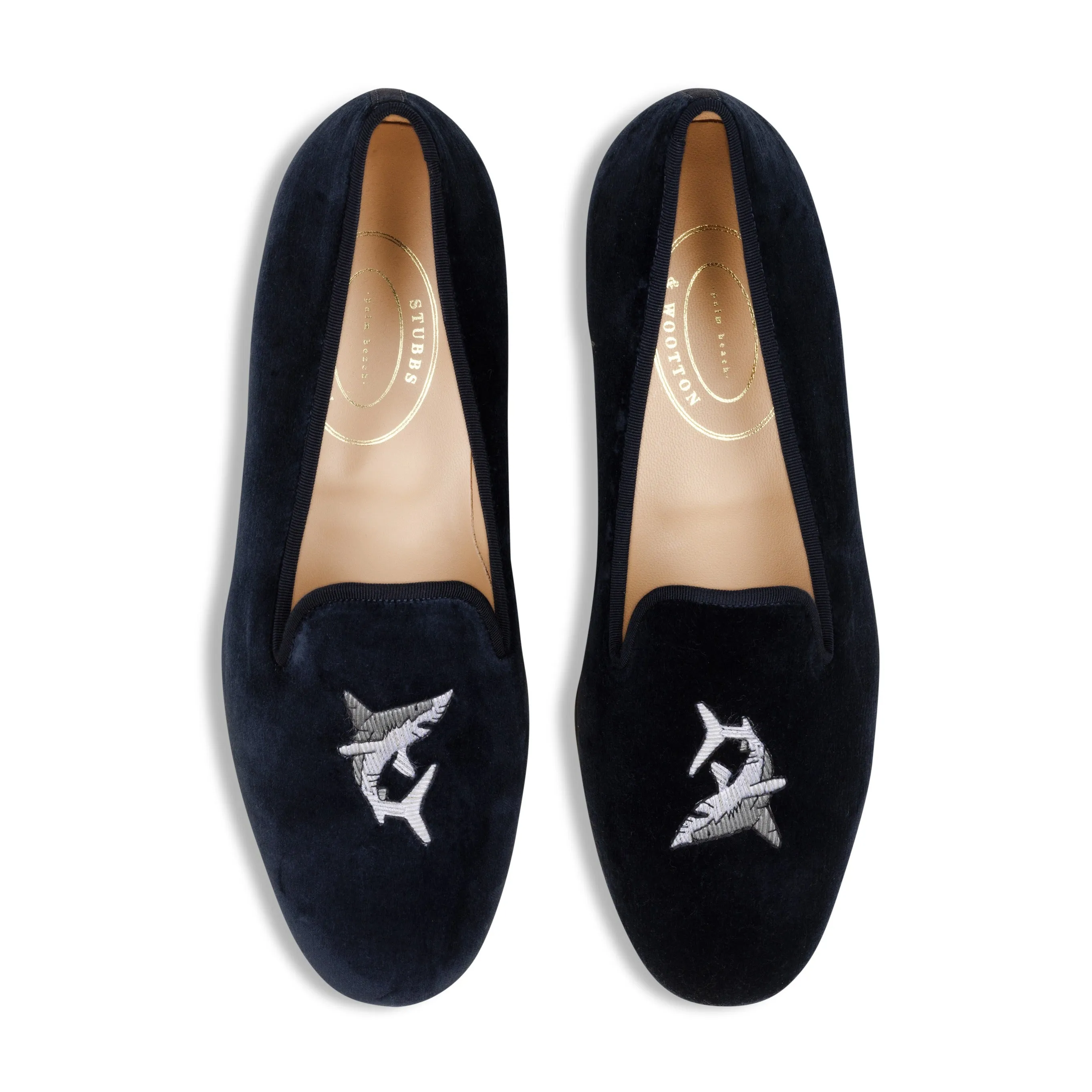 Shark Navy Velvet Slipper (Men) sold by Stubbs & Wootton