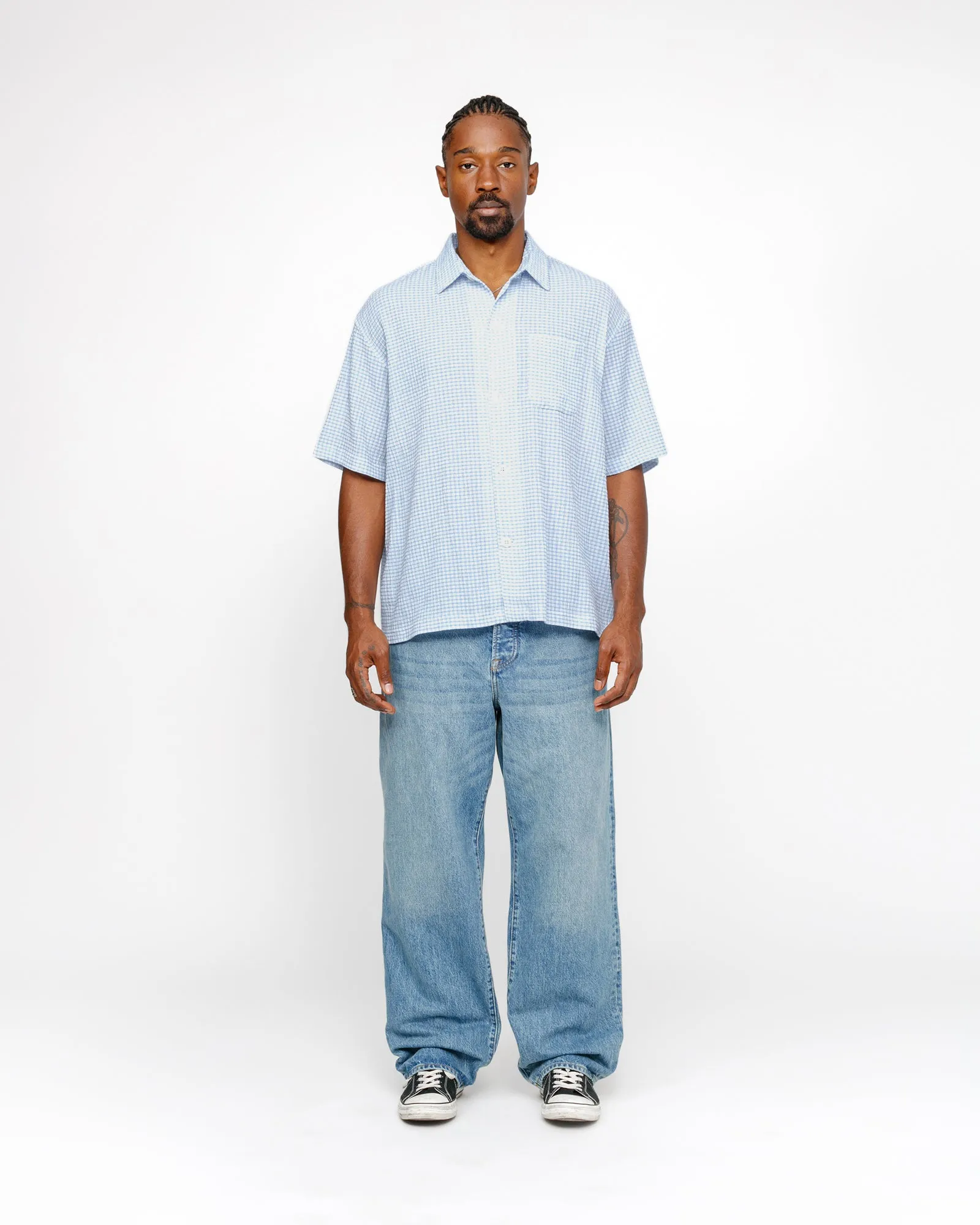 ★24SS 最新作★STUSSY BOXY FLAT HEM SHIRT CRINKLED Stussy Boxy Flat Hem Crinkled Shirt - Blue Check – Civil