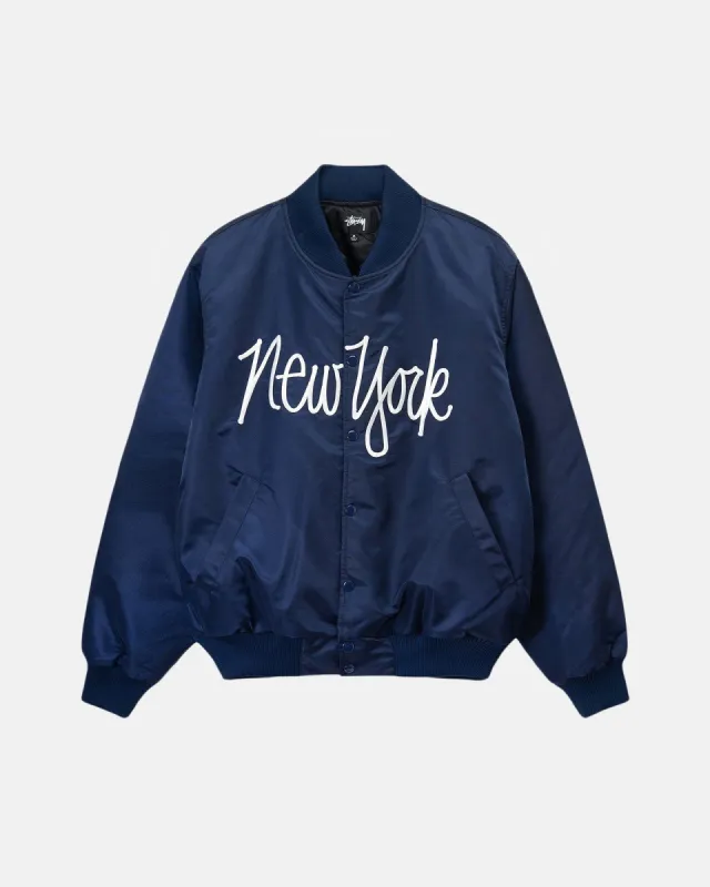 NY CHAPTER SATIN VARSITY JACKET sold by Stussy