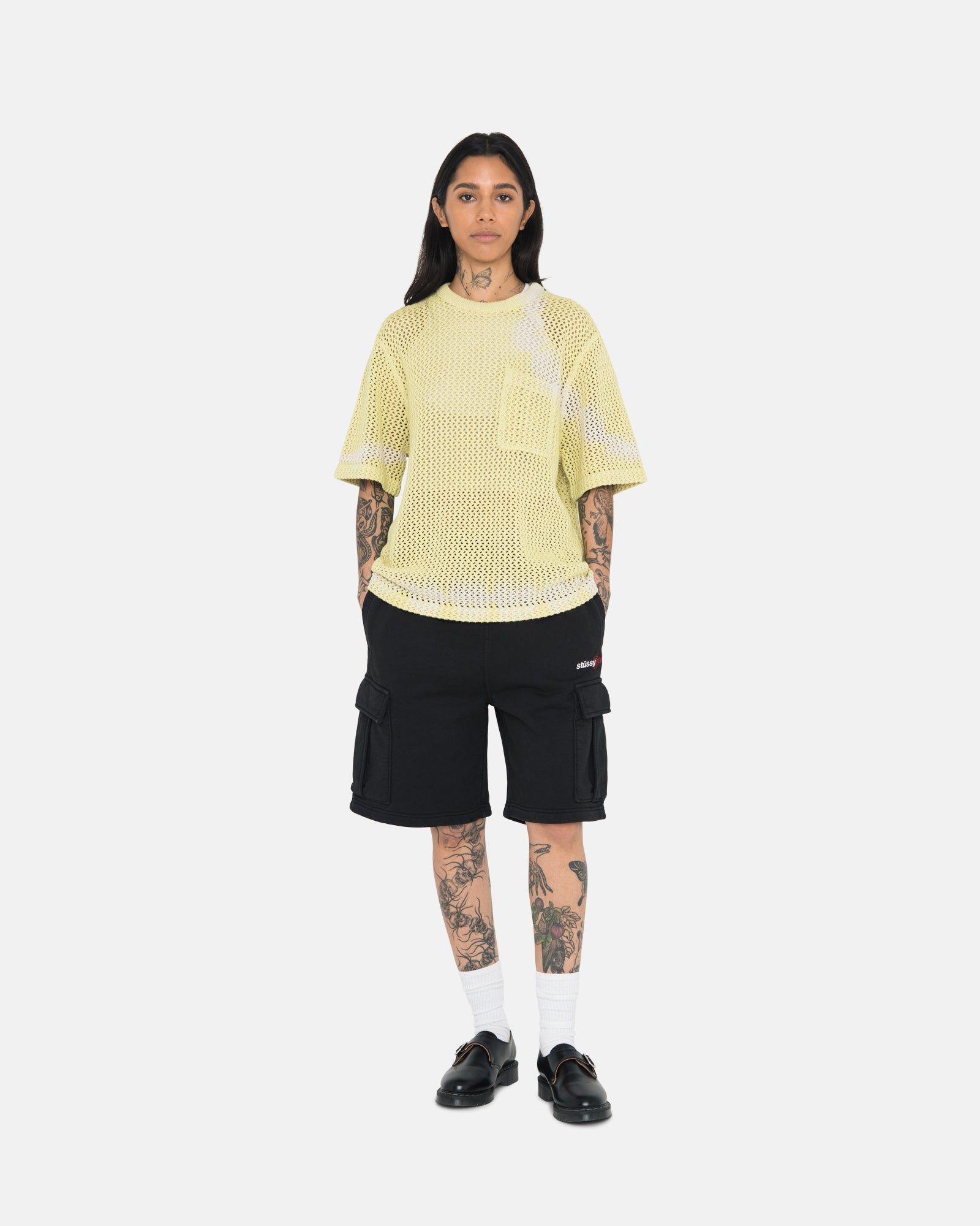 ★22-23FW新作★STUSSY★O'DYED MESH CREW Stussy O'Dyed Mesh Crew T-Shirt Solid Black 1140297_BLK