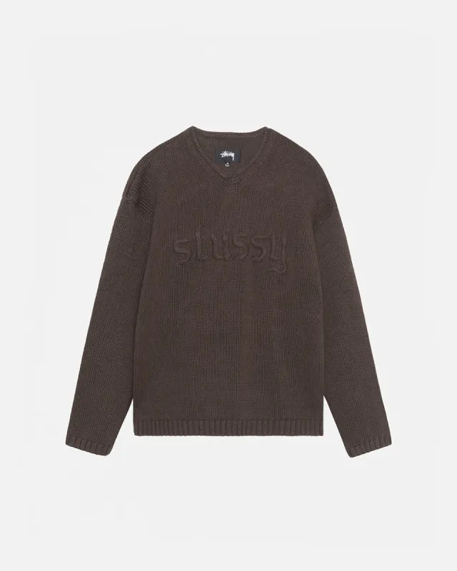 EMBROIDERED V-NECK LOGO SWEATER sold by Stussy