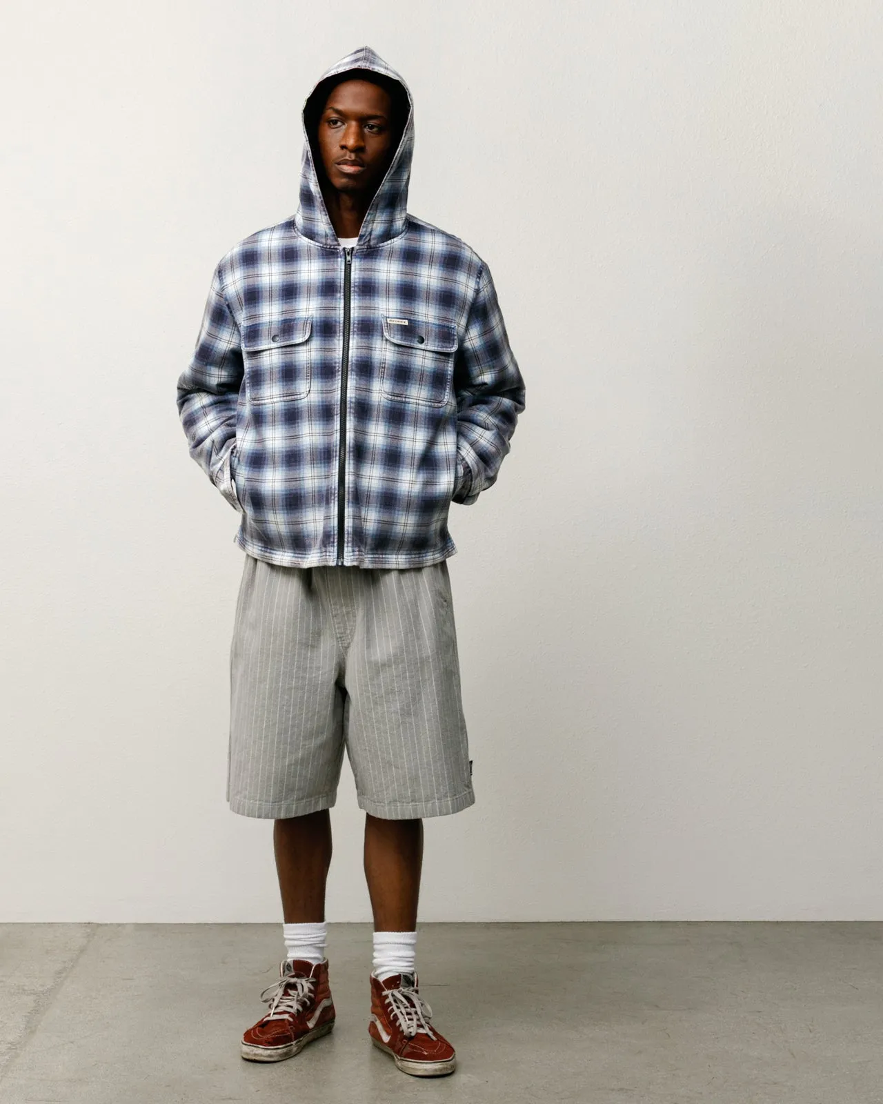 ZIP HOODED PLAID SHIRT sold by Stussy