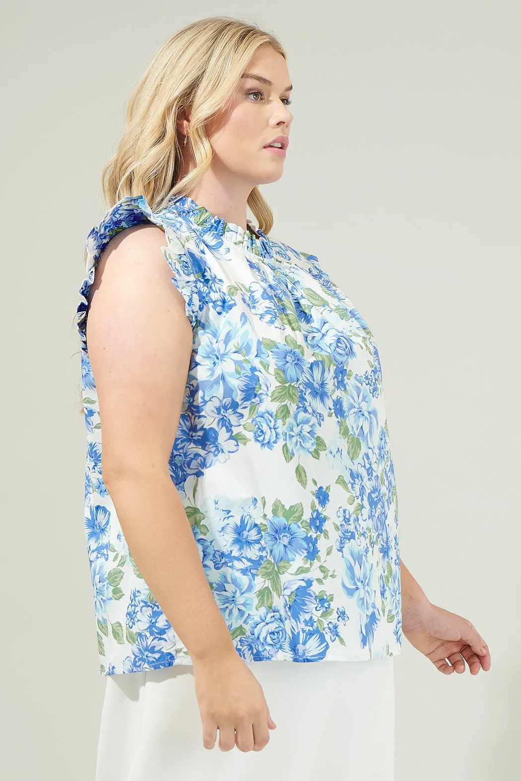 Truth Be Told Blue Floral Gabrielle Mock Neck Poplin Top Curve sold by Sugarlips product image thumbnail 5