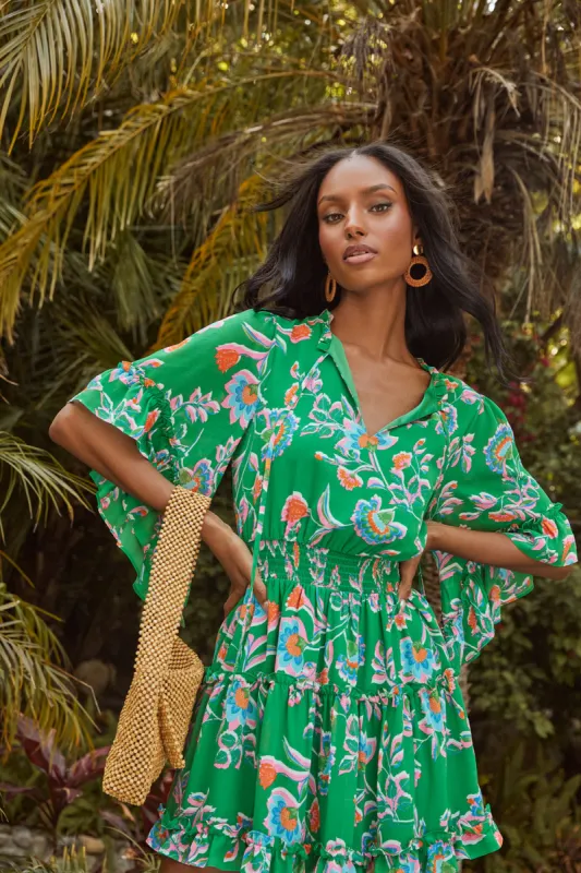 Belize Floral Amorcito Bell Sleeve Mini Dress sold by Sugarlips
