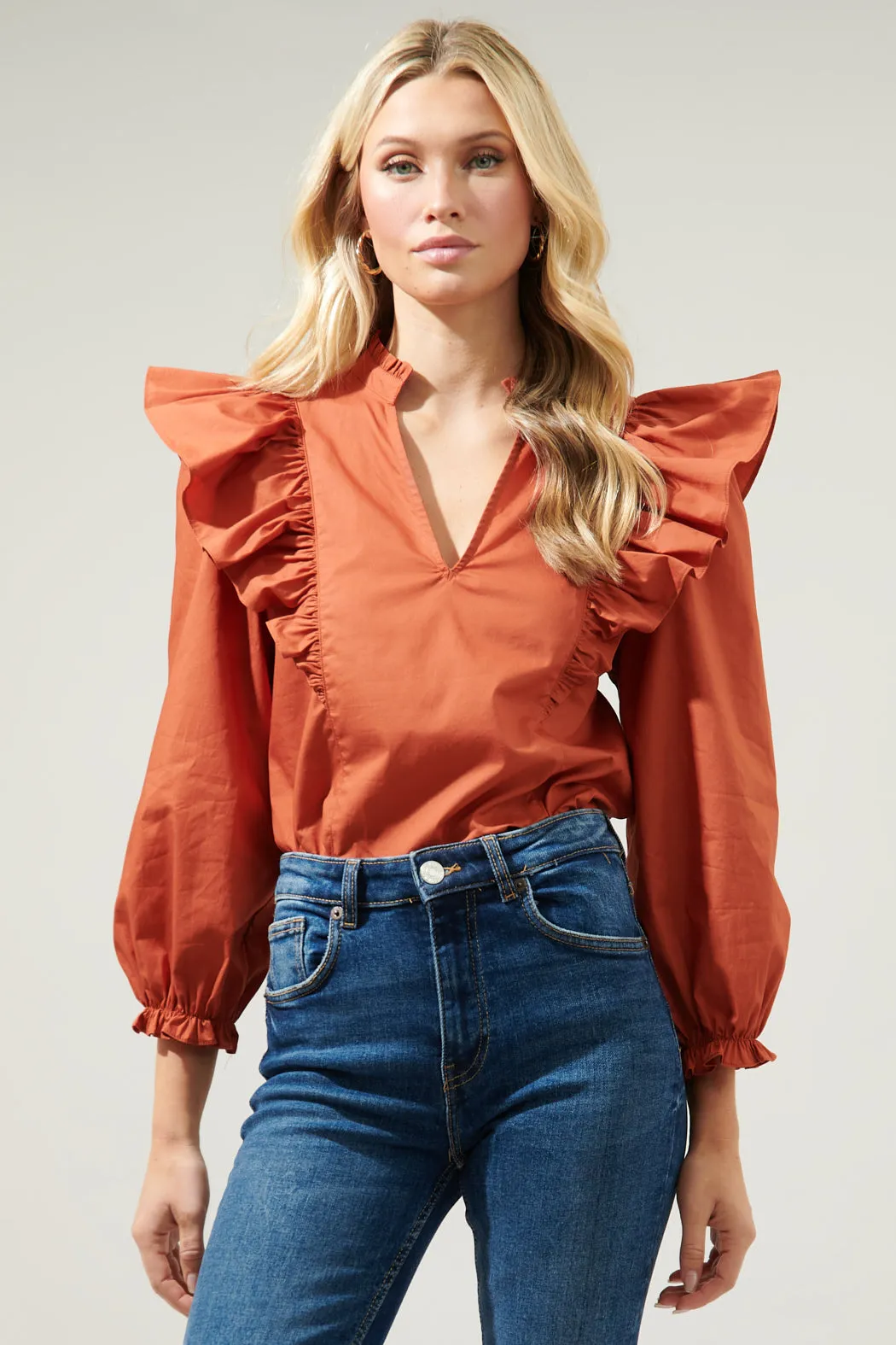 Grayson Ruffle Split Neck Top sold by Sugarlips