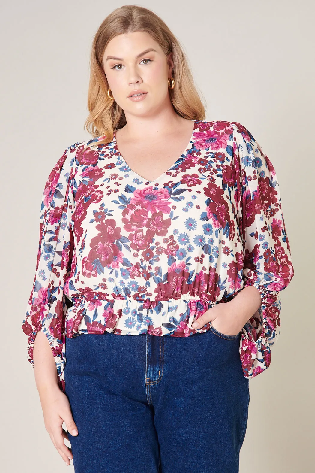 Monique Floral Ways Balloon Sleeve Blouse Curve sold by Sugarlips