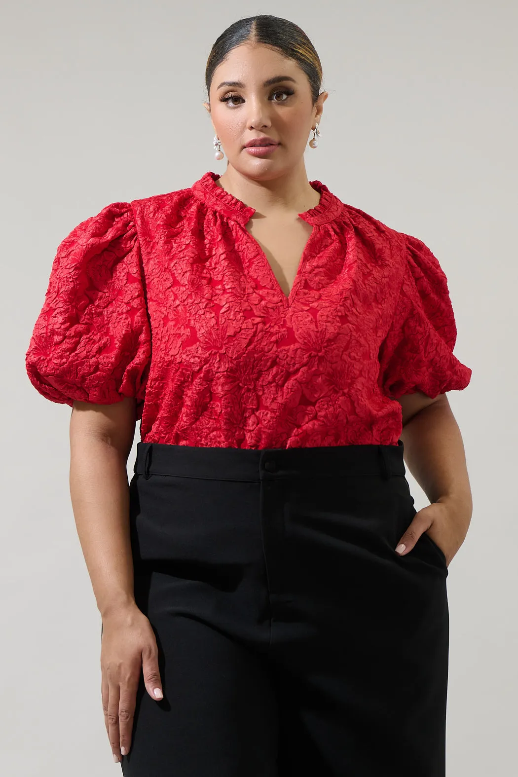 Arielle Jacquard Split Neck Top Curve sold by Sugarlips