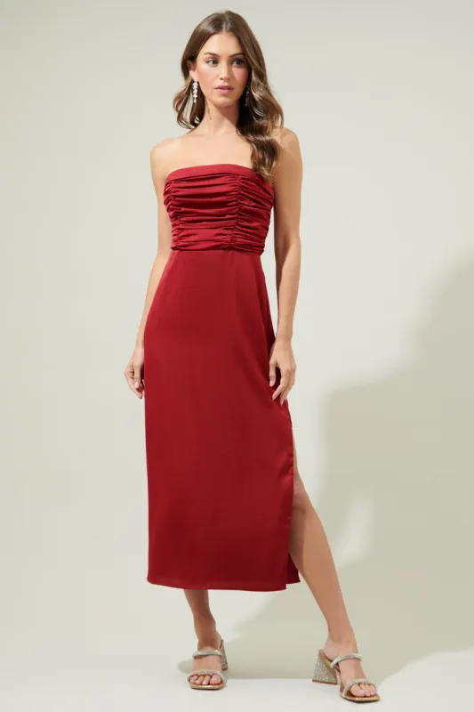 Jocelyn Satin Strapless Ruched Midi Dress sold by Sugarlips