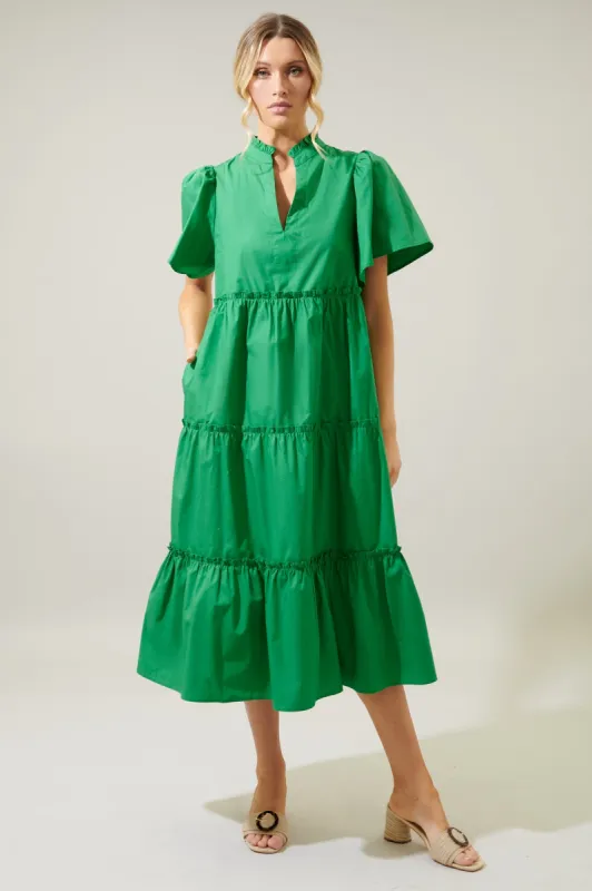 Noelle Split Neck Poplin Tiered Midi Dress sold by Sugarlips