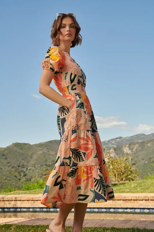 Orange Blossom Hacienda Puff Sleeve MIdi Dress sold by Sugarlips