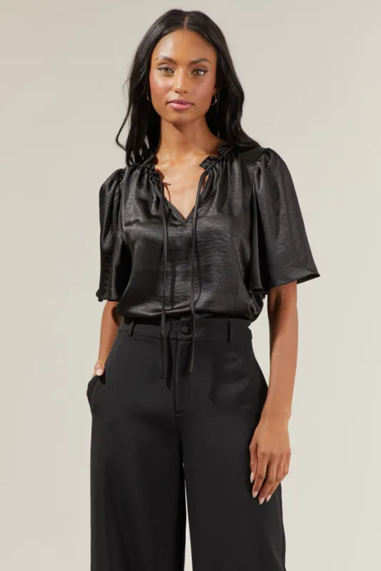 Angela Satin Tie Neck Flutter Sleeve Blouse sold by Sugarlips