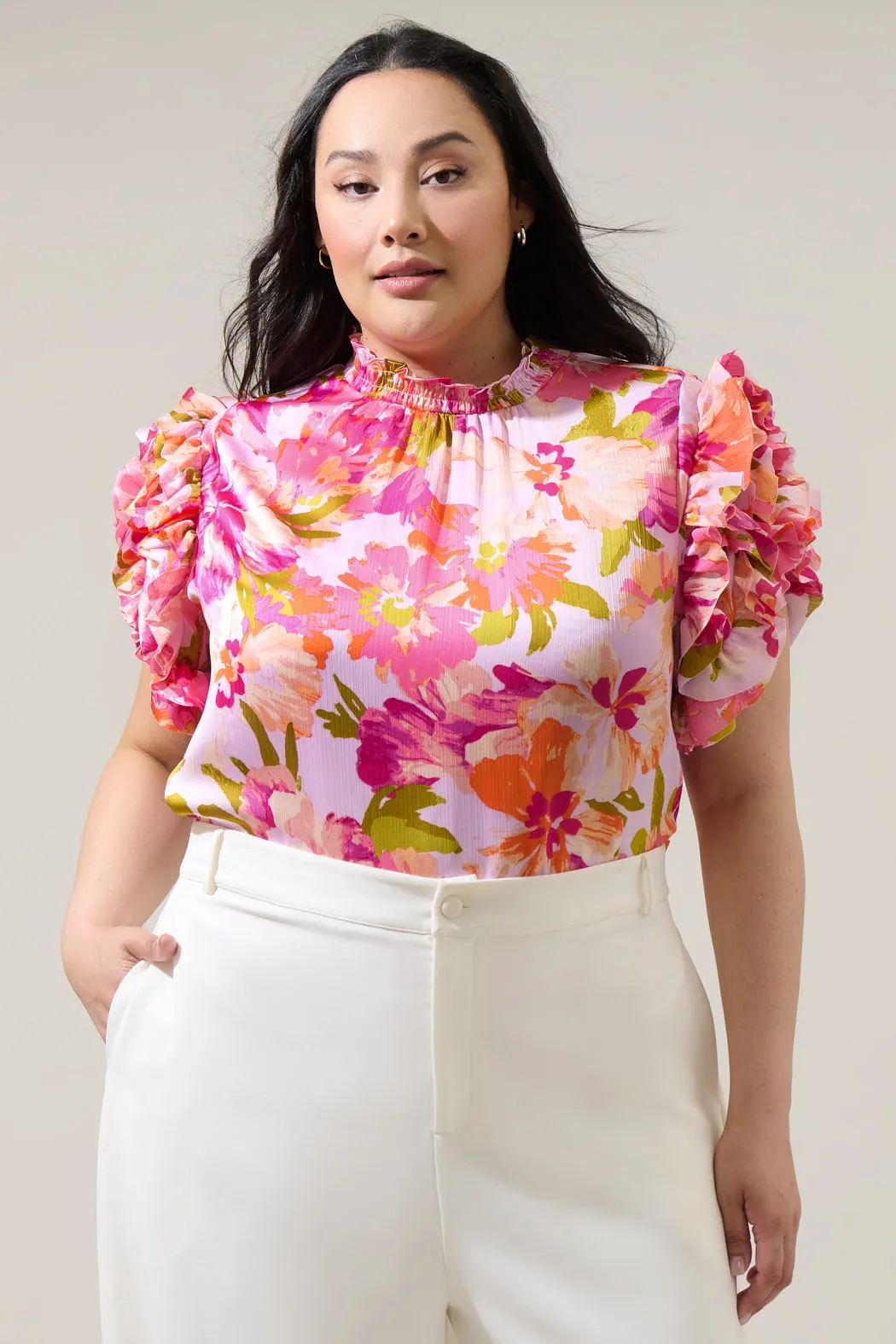 Abigal Floral Brenna Mock Neck Ruffle Blouse Curve sold by Sugarlips
