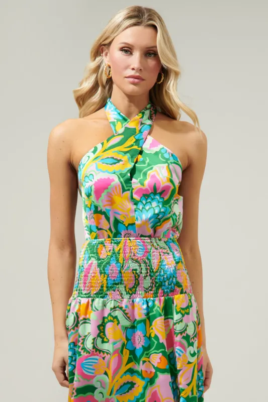Lanai Multi Tropics Bandit Satin Halter Top sold by Sugarlips
