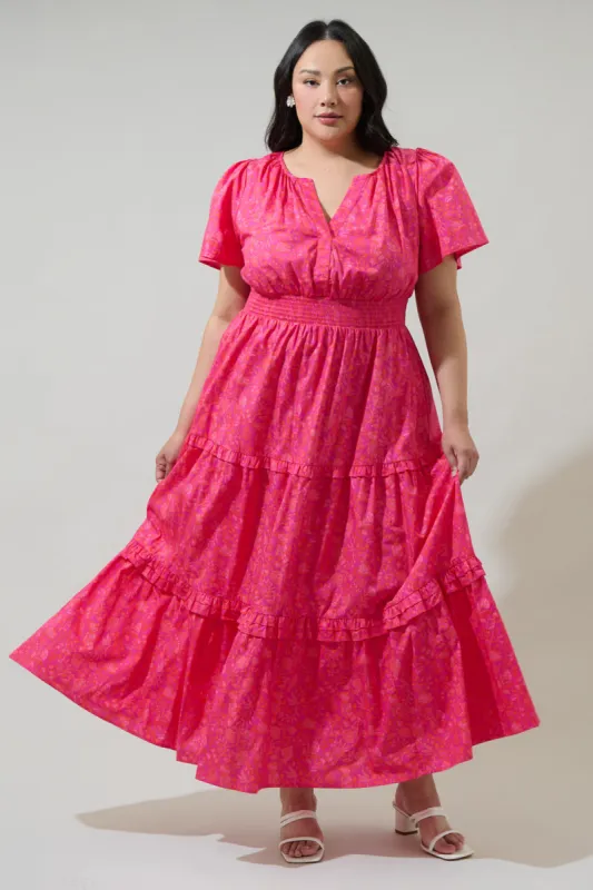 Cerise Floral Palmer Poplin Tiered Maxi Dress Curve sold by Sugarlips