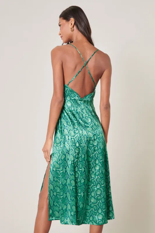 Gwendolyn Snake Print Parting Ways Satin Midi Dress sold by Sugarlips
