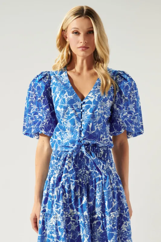 Marina Floral Puff Sleeve Tie Front Crop Top sold by Sugarlips