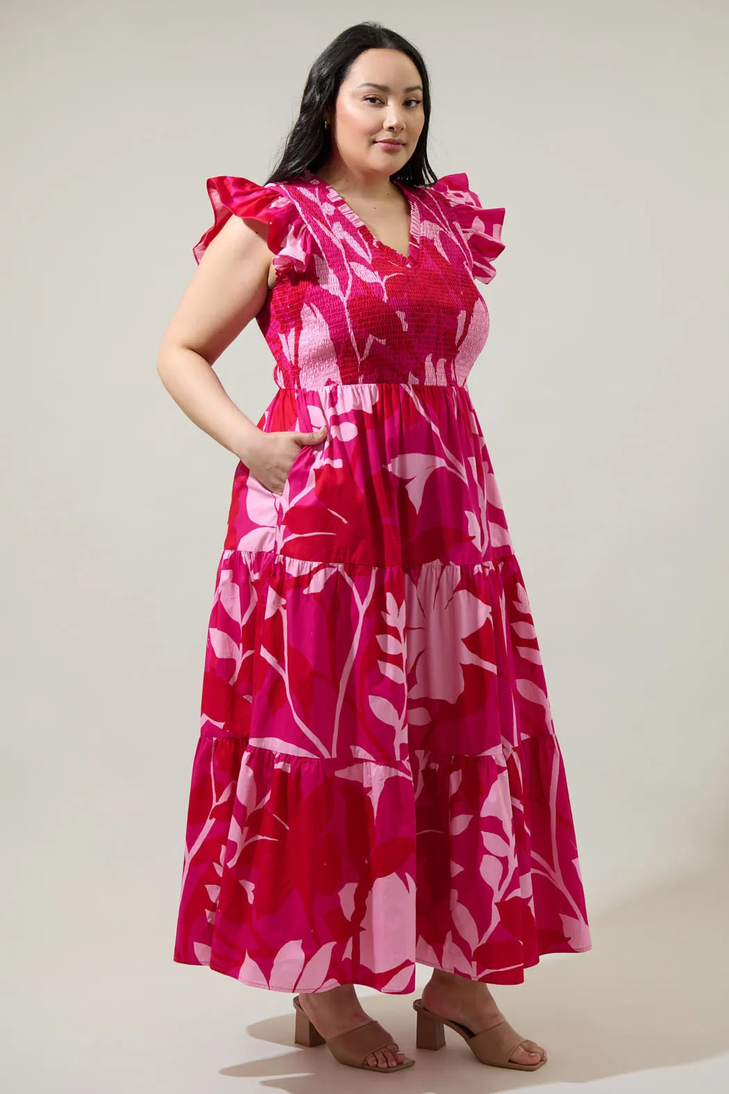 Mila Floral Sunfire Smocked Bodice Tiered Midi Dress Curve sold by Sugarlips product image thumbnail 3