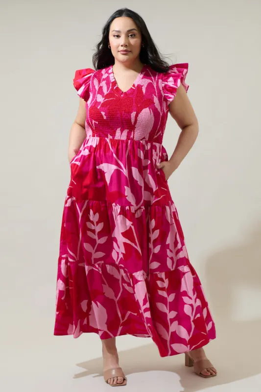 Mila Floral Sunfire Smocked Bodice Tiered Midi Dress Curve sold by Sugarlips