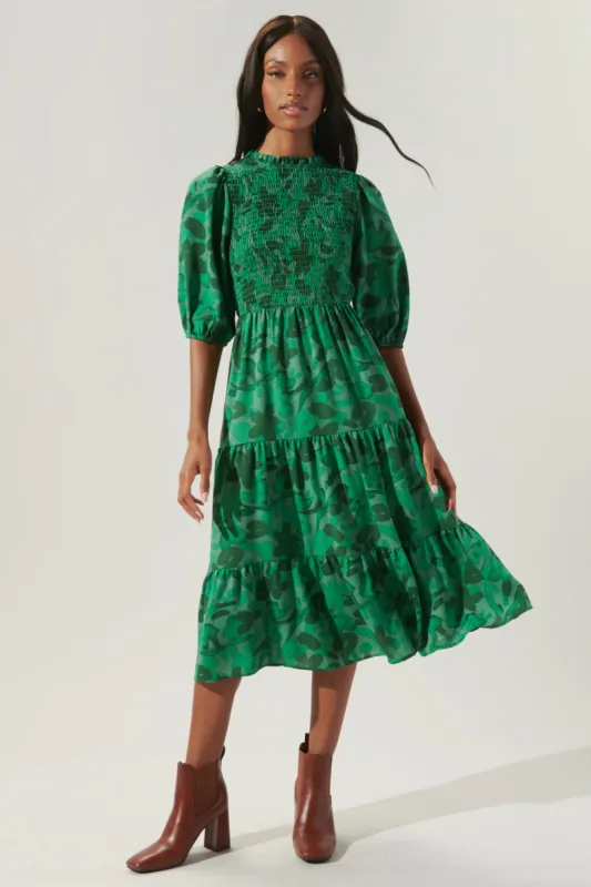 Yeraldi Floral Frazier Smocked Tiered Midi Dress sold by Sugarlips