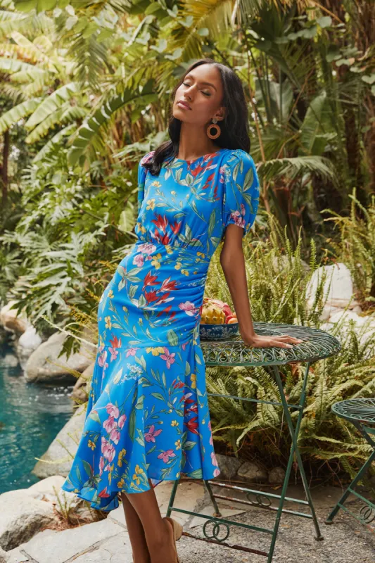 Fiona Floral Balboa Asymmetrical Midi Dress sold by Sugarlips