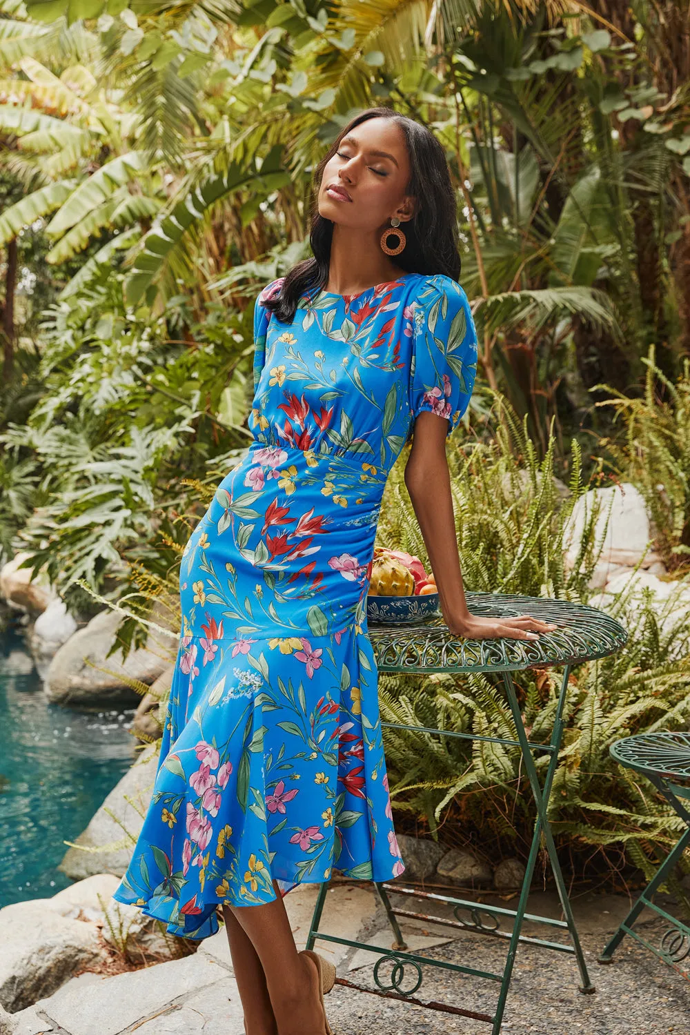 Fiona Floral Balboa Asymmetrical Midi Dress sold by Sugarlips