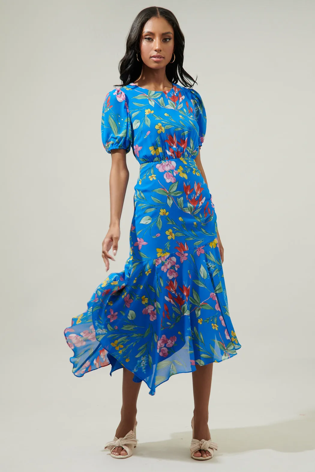 Fiona Floral Balboa Asymmetrical Midi Dress sold by Sugarlips product image thumbnail 2