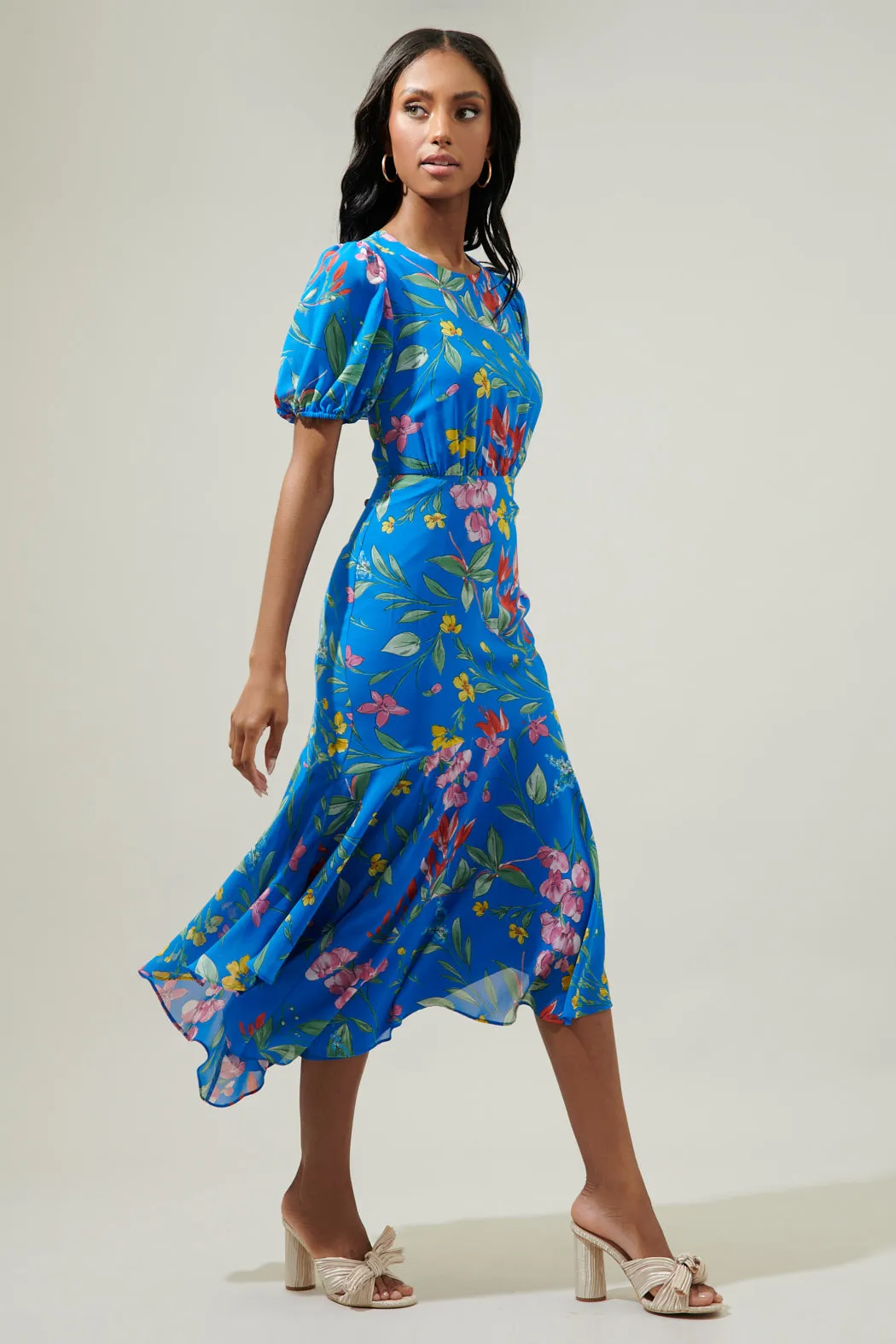 Fiona Floral Balboa Asymmetrical Midi Dress sold by Sugarlips product image thumbnail 4