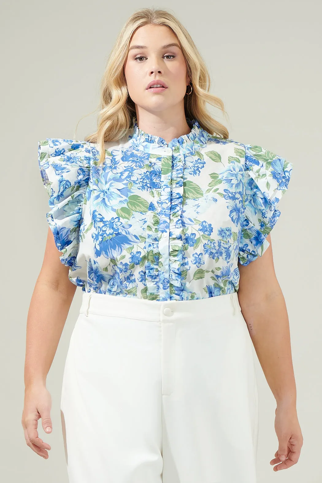 Truth Be Told Blue Floral Sleeveless Ruffle Top Curve sold by Sugarlips