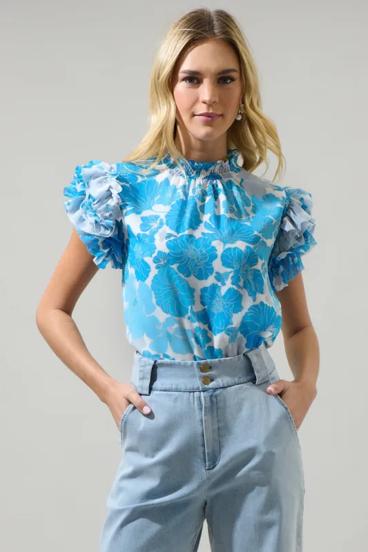 Kerela Floral Brenna Mock Neck Ruffle Blouse sold by Sugarlips