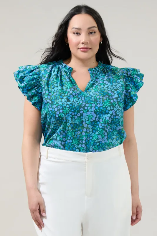 Midnight Floral Risette Ruffle Split Neck Top Curve sold by Sugarlips