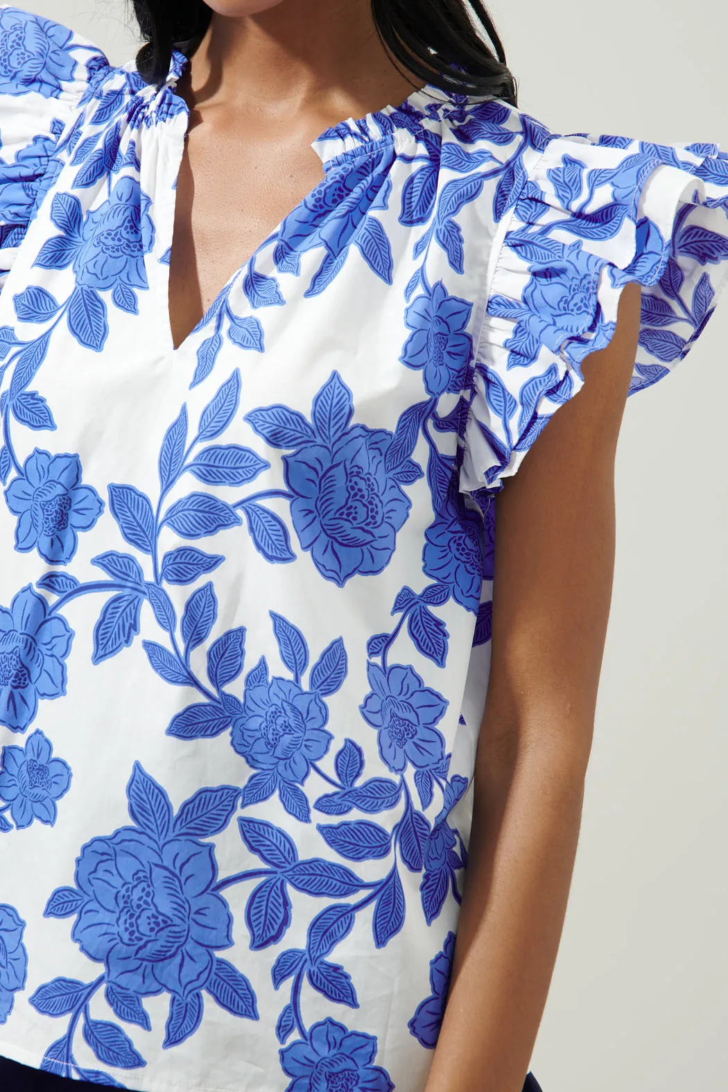 Glantis Floral Risette Ruffle Cap Sleeve Split Neck Top sold by Sugarlips product image thumbnail 5