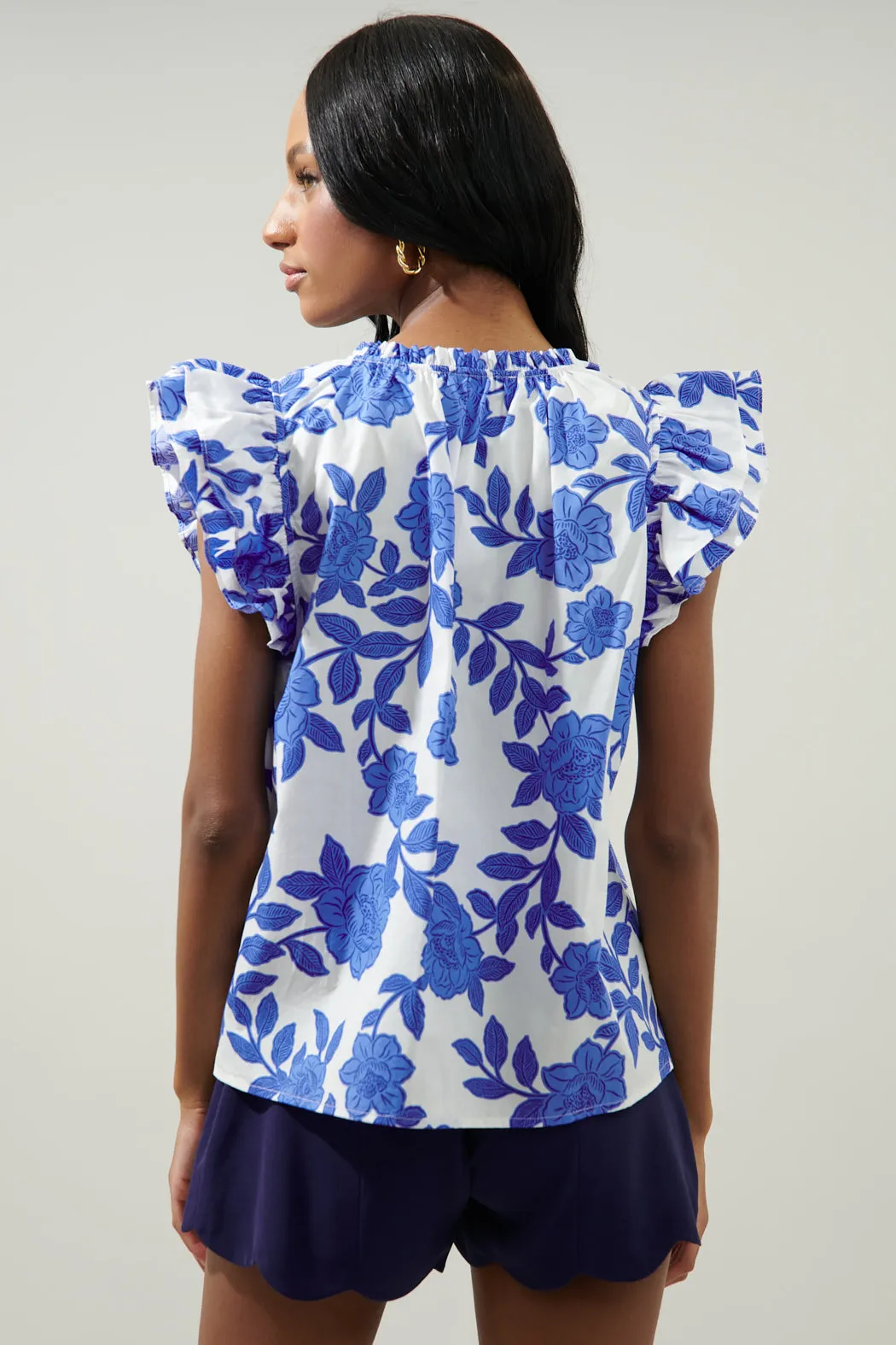 Glantis Floral Risette Ruffle Cap Sleeve Split Neck Top sold by Sugarlips product image thumbnail 2